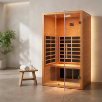 1 Person Extendable FAR Infrared Sauna for Home, Hemlock Wood Low EMF 6 Carbon Heaters Indoor Saunas with LED Lights, Bluetooth Speaker, Digital Control Panel, and Seating Bench — Studio Shot