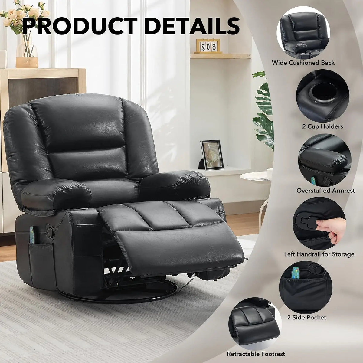 Garvee Oversized Swivel Rocker Recliner with Vibration Massage