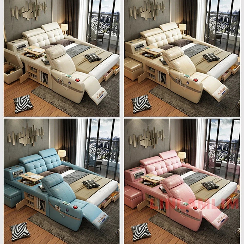 Linlamlim Genuine Leather Smart Platform Bed with Storage