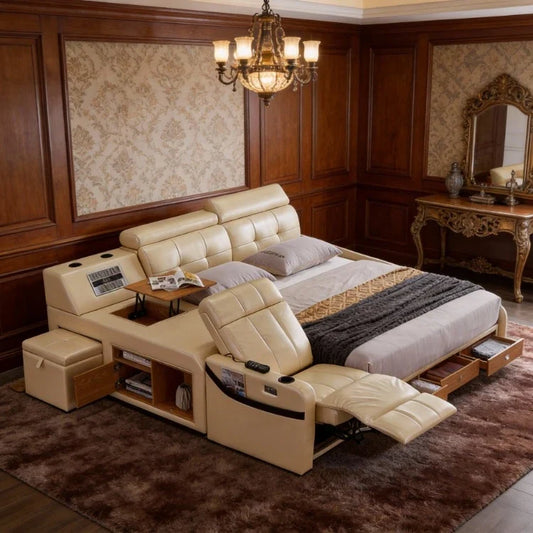 Linlamlim Genuine Leather Smart Platform Bed with Storage