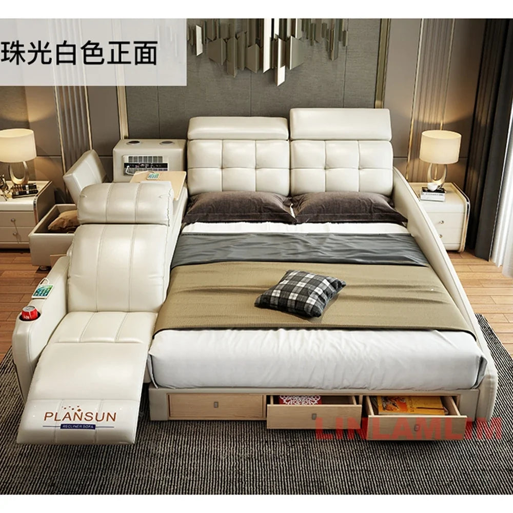 Linlamlim Genuine Leather Smart Platform Bed with Storage
