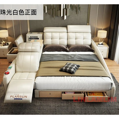 Linlamlim Genuine Leather Smart Platform Bed with Storage
