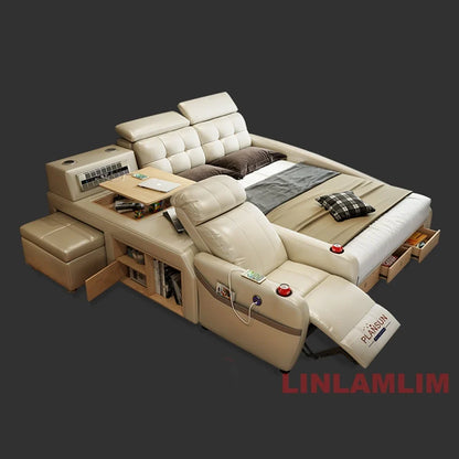 Linlamlim Genuine Leather Smart Platform Bed with Storage