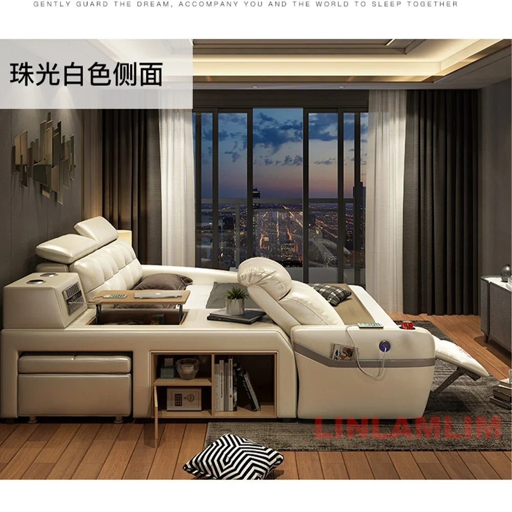 Linlamlim Genuine Leather Smart Platform Bed with Storage