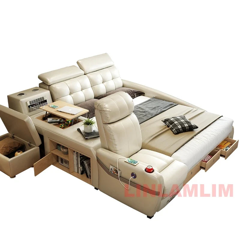 Linlamlim Genuine Leather Smart Platform Bed with Storage